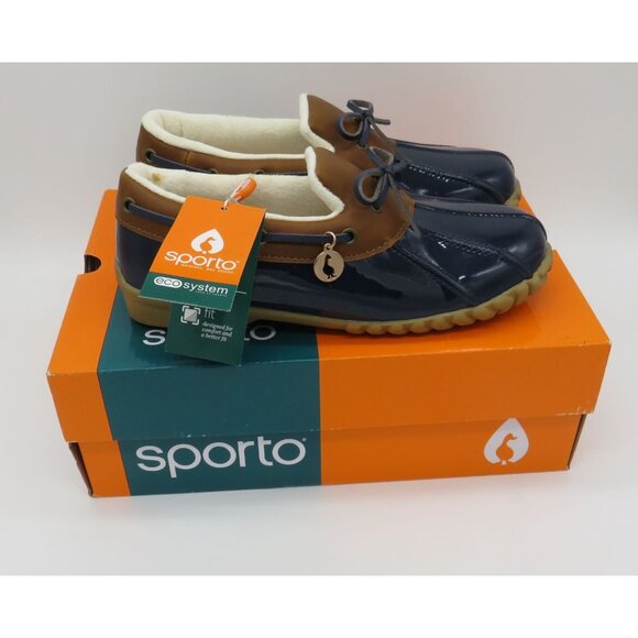 Sporto Womens Navy Brown Patent Faux Fur Lined Duck Shoes 6 NEW - Picture 1 of 8